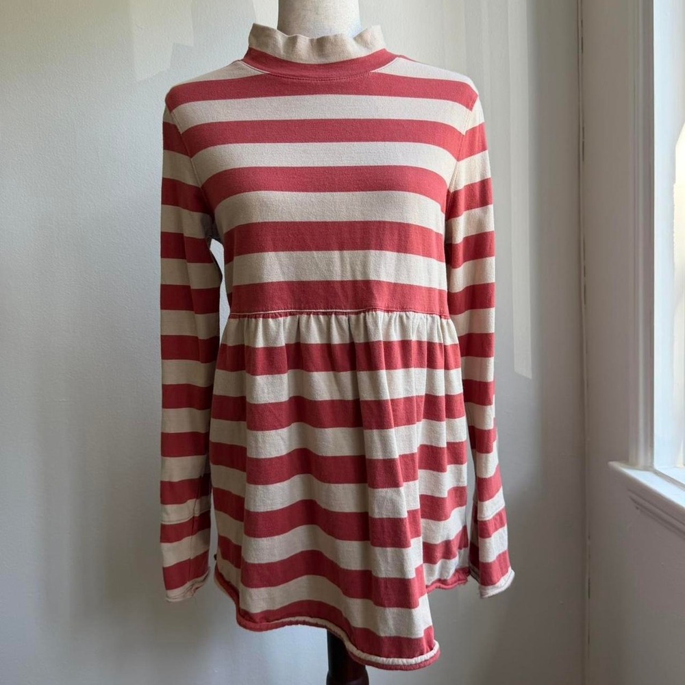 Free People We The Free Red Cream Striped Babydoll Tunic Mock Neck Top Medium